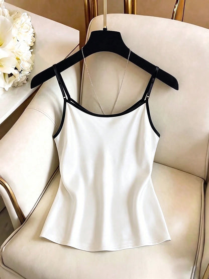 Qadelle Elegant Black And White Summer Cami,Women's Contrast Lace Spaghetti Strap Woven Tank Top For Date Night,Vacation,Party,Office Daily Wear Loungewear