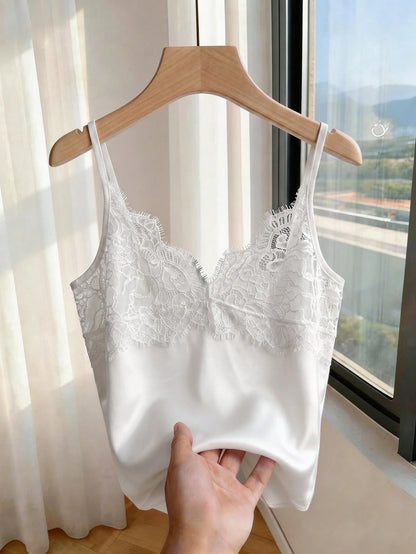 Qadelle Elegant Black And White Summer Cami,Women's Contrast Lace Spaghetti Strap Woven Tank Top For Date Night,Vacation,Party,Office Daily Wear Loungewear