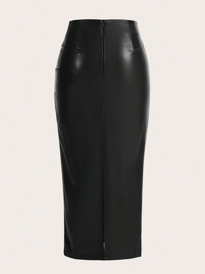 Qadelle Women's Solid Color Pu Leather Skirt Women Fall For Women