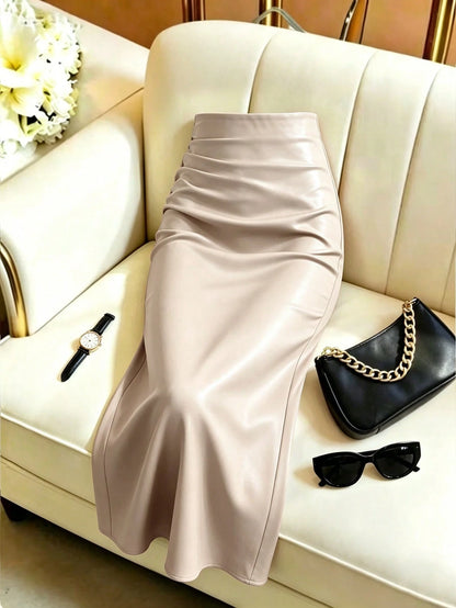 Qadelle Women's Solid Color Pu Leather Skirt Women Fall For Women