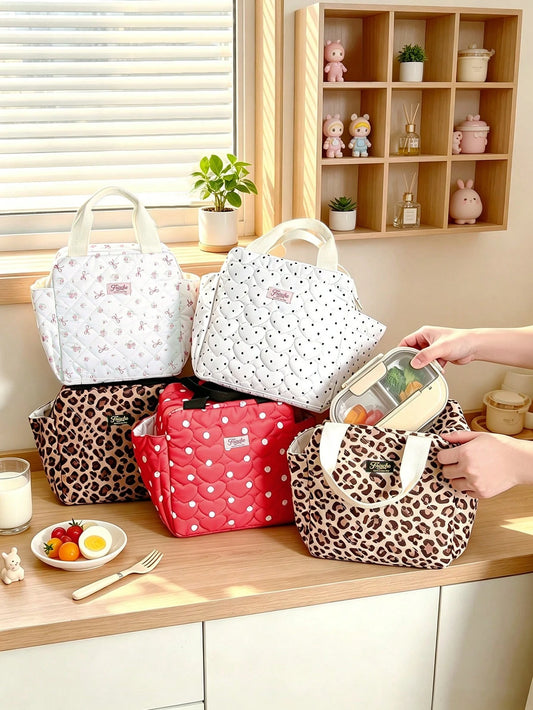 Quilted Leopard Print Lunch Bag, Polka Dot Insulated Tote Bag, Portable Large Capacity Cooler Bag, Floral Butterfly Pattern Picnic Bento Bag