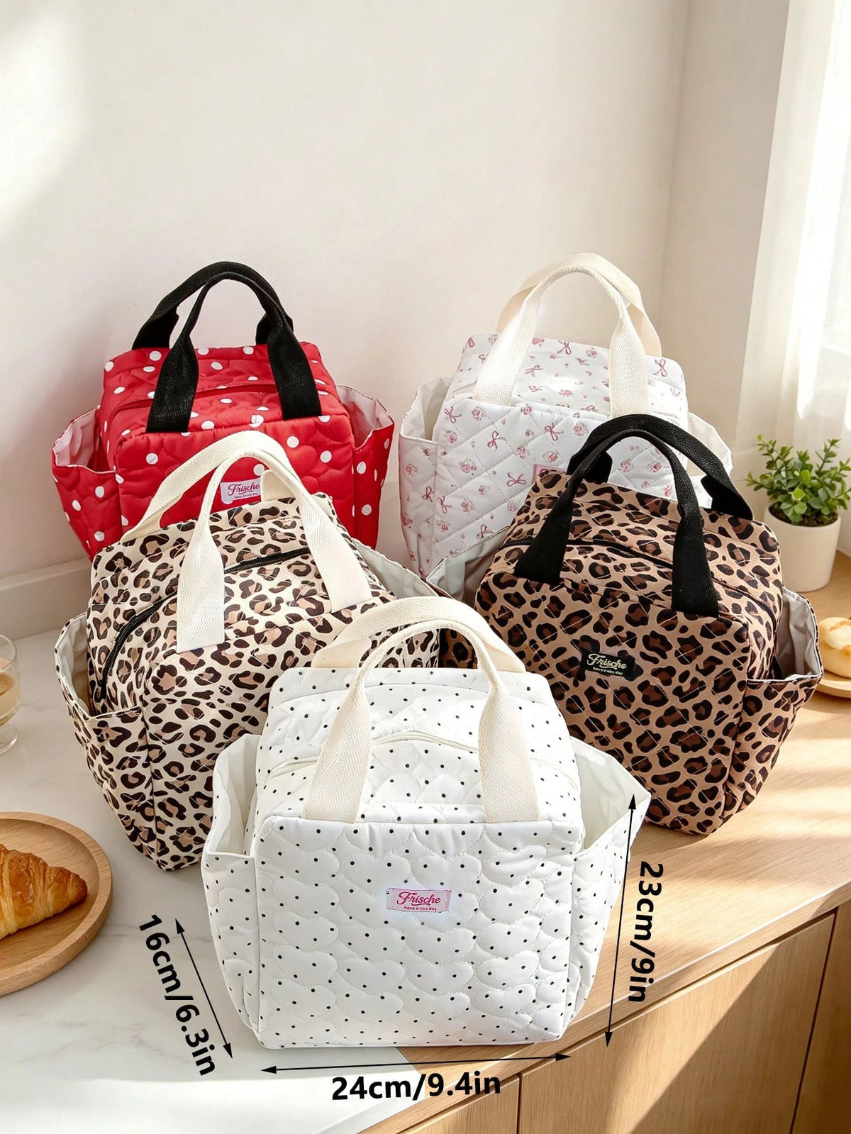 Quilted Leopard Print Lunch Bag, Polka Dot Insulated Tote Bag, Portable Large Capacity Cooler Bag, Floral Butterfly Pattern Picnic Bento Bag