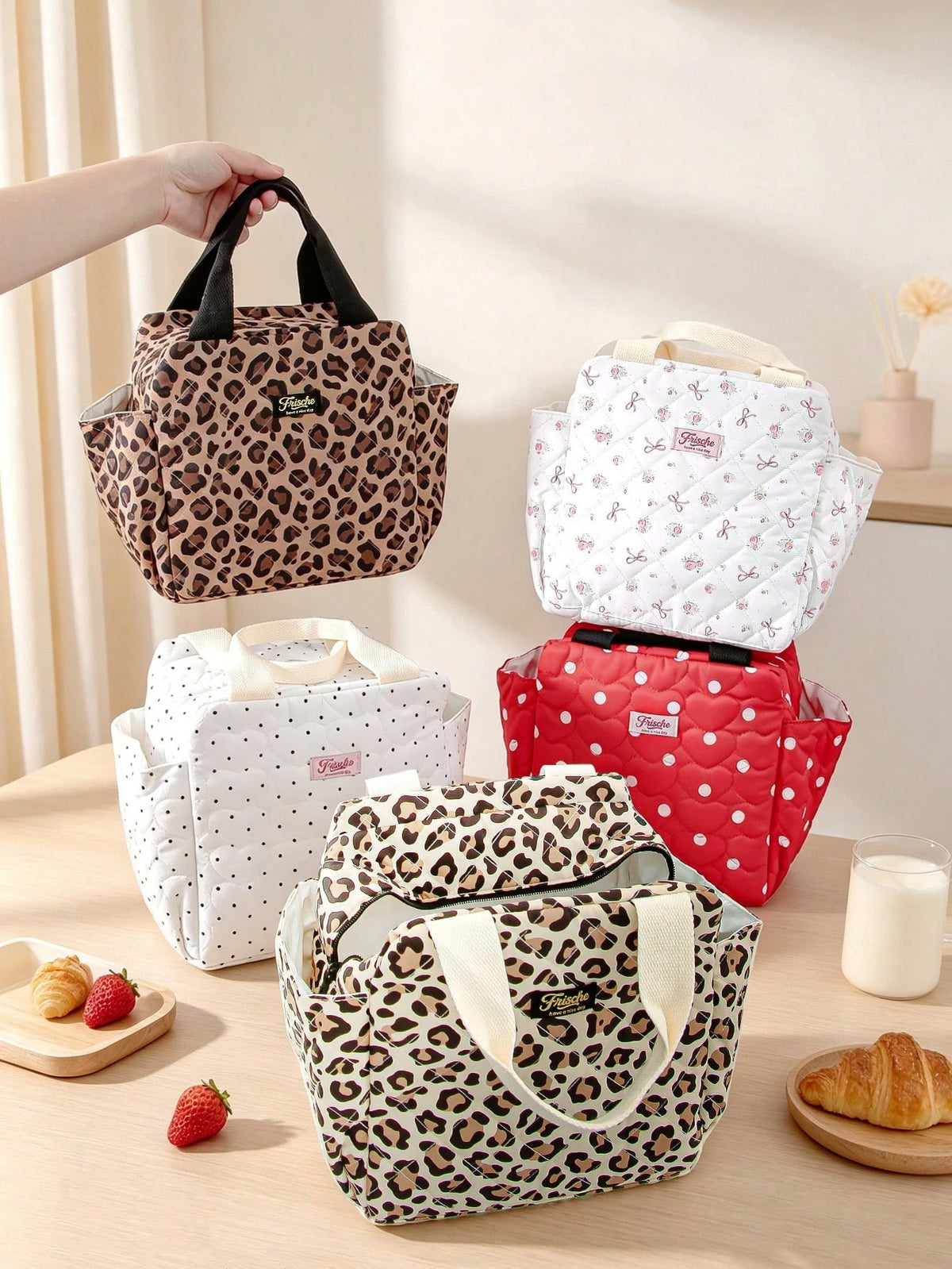 Quilted Leopard Print Lunch Bag, Polka Dot Insulated Tote Bag, Portable Large Capacity Cooler Bag, Floral Butterfly Pattern Picnic Bento Bag
