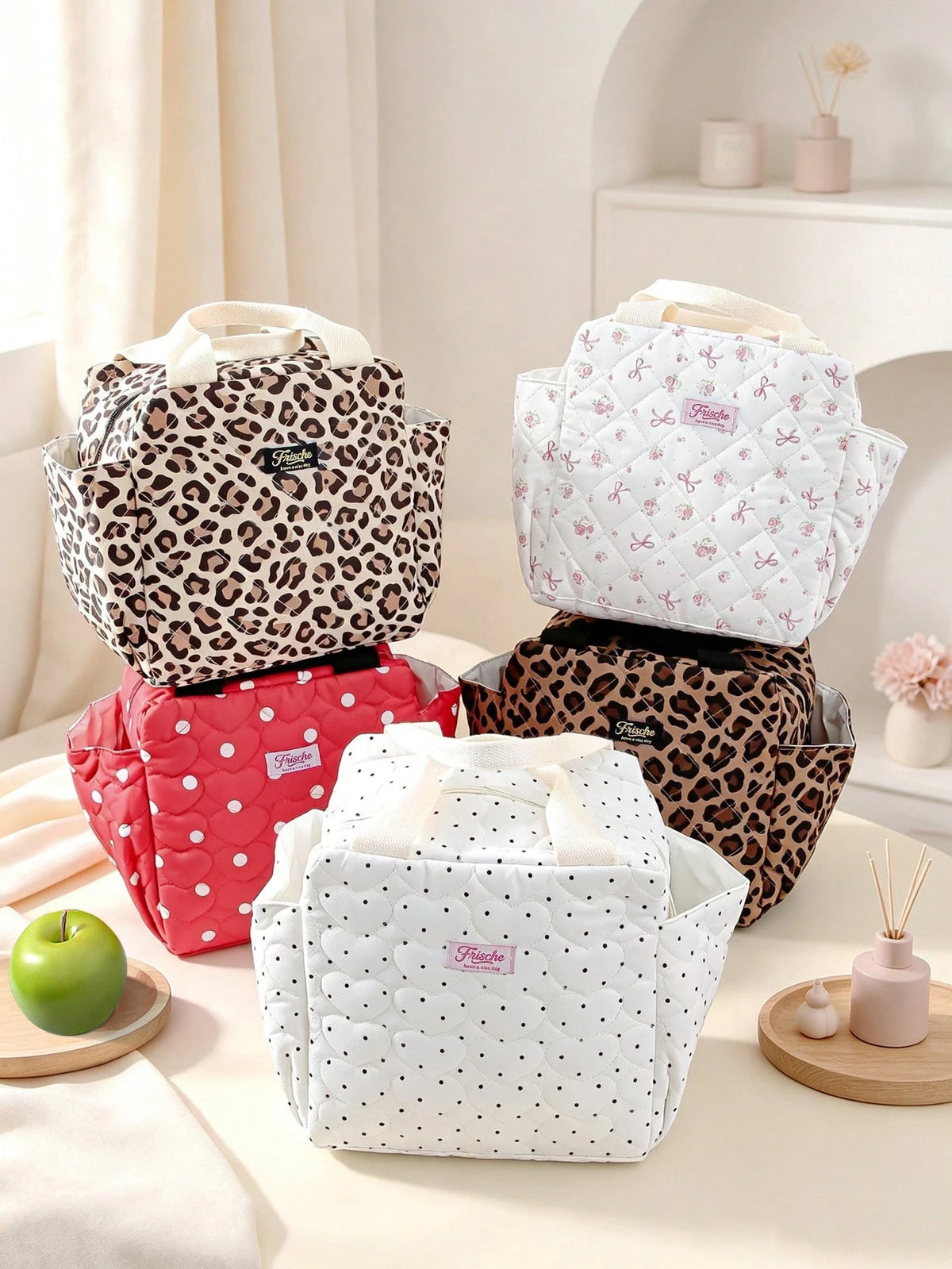 Quilted Leopard Print Lunch Bag, Polka Dot Insulated Tote Bag, Portable Large Capacity Cooler Bag, Floral Butterfly Pattern Picnic Bento Bag