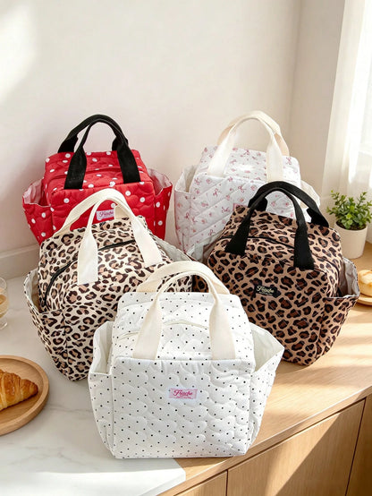 Quilted Leopard Print Lunch Bag, Polka Dot Insulated Tote Bag, Portable Large Capacity Cooler Bag, Floral Butterfly Pattern Picnic Bento Bag