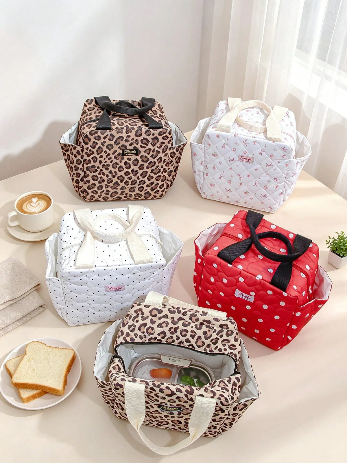 Quilted Leopard Print Lunch Bag, Polka Dot Insulated Tote Bag, Portable Large Capacity Cooler Bag, Floral Butterfly Pattern Picnic Bento Bag