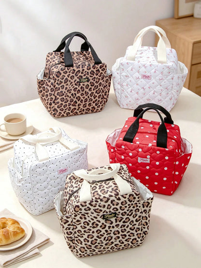 Quilted Leopard Print Lunch Bag, Polka Dot Insulated Tote Bag, Portable Large Capacity Cooler Bag, Floral Butterfly Pattern Picnic Bento Bag