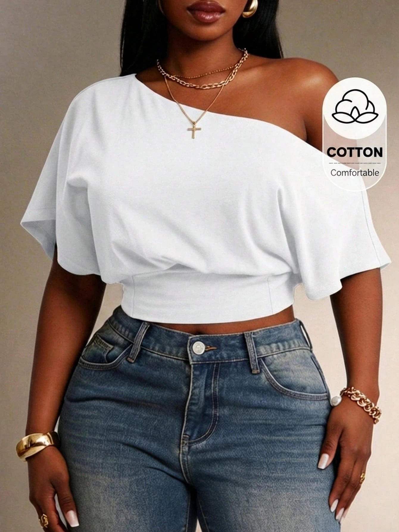 Radiana Comfortable White One Shoulder Short Sleeve Crop Top For Women Formal Summer Casual