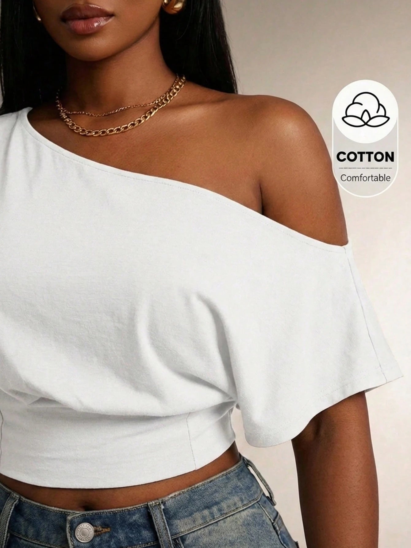 Radiana Comfortable White One Shoulder Short Sleeve Crop Top For Women Formal Summer Casual