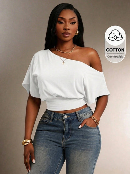 Radiana Comfortable White One Shoulder Short Sleeve Crop Top For Women Formal Summer Casual