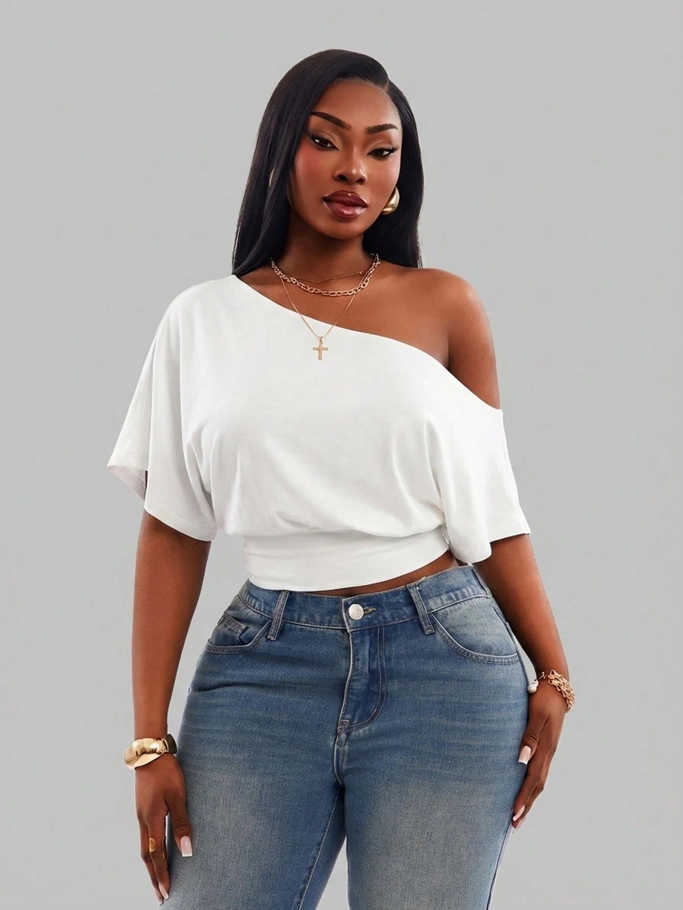 Radiana Comfortable White One Shoulder Short Sleeve Crop Top For Women Formal Summer Casual