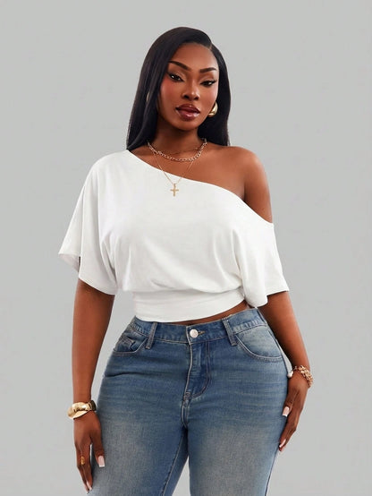 Radiana Comfortable White One Shoulder Short Sleeve Crop Top For Women Formal Summer Casual