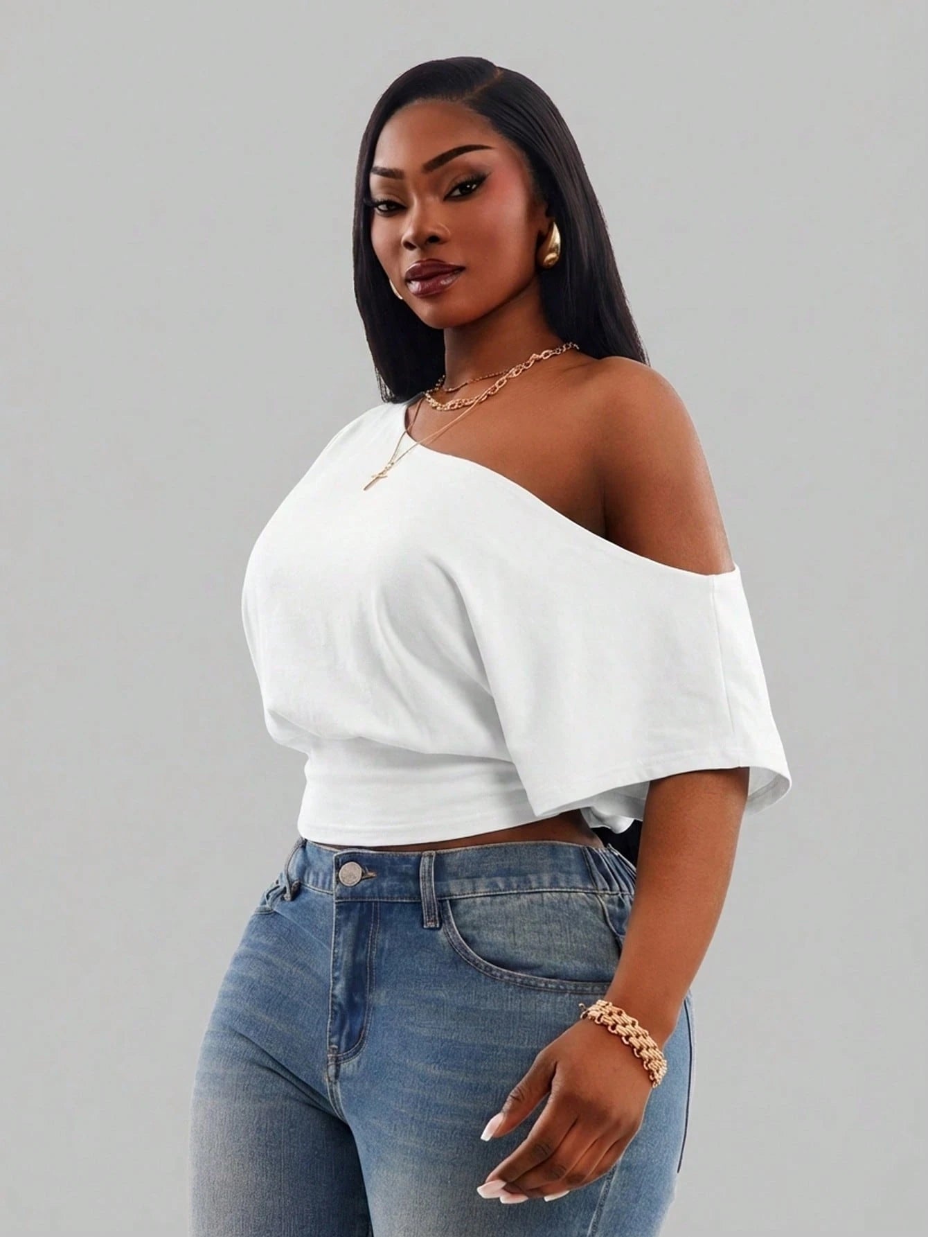 Radiana Comfortable White One Shoulder Short Sleeve Crop Top For Women Formal Summer Casual