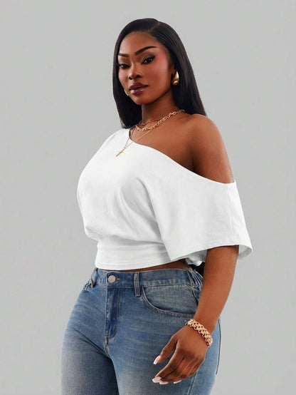 Radiana Comfortable White One Shoulder Short Sleeve Crop Top For Women Formal Summer Casual