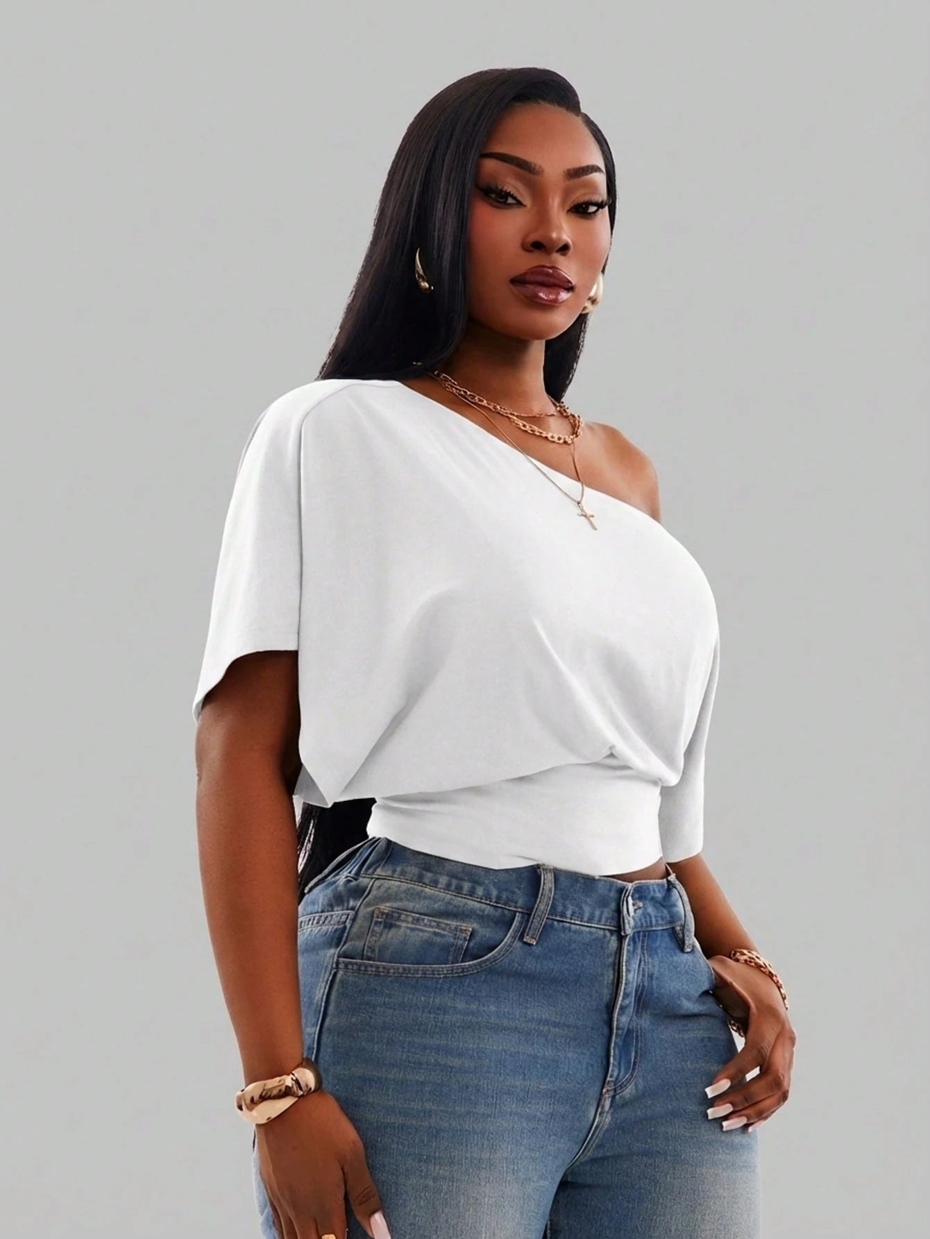 Radiana Comfortable White One Shoulder Short Sleeve Crop Top For Women Formal Summer Casual