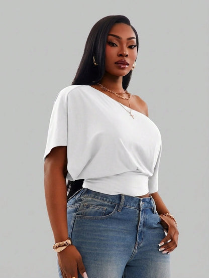 Radiana Comfortable White One Shoulder Short Sleeve Crop Top For Women Formal Summer Casual