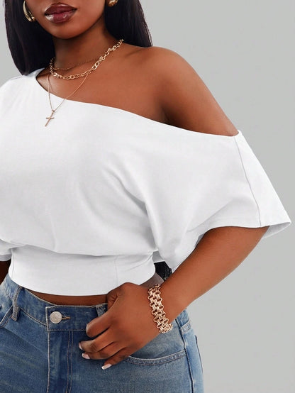 Radiana Comfortable White One Shoulder Short Sleeve Crop Top For Women Formal Summer Casual