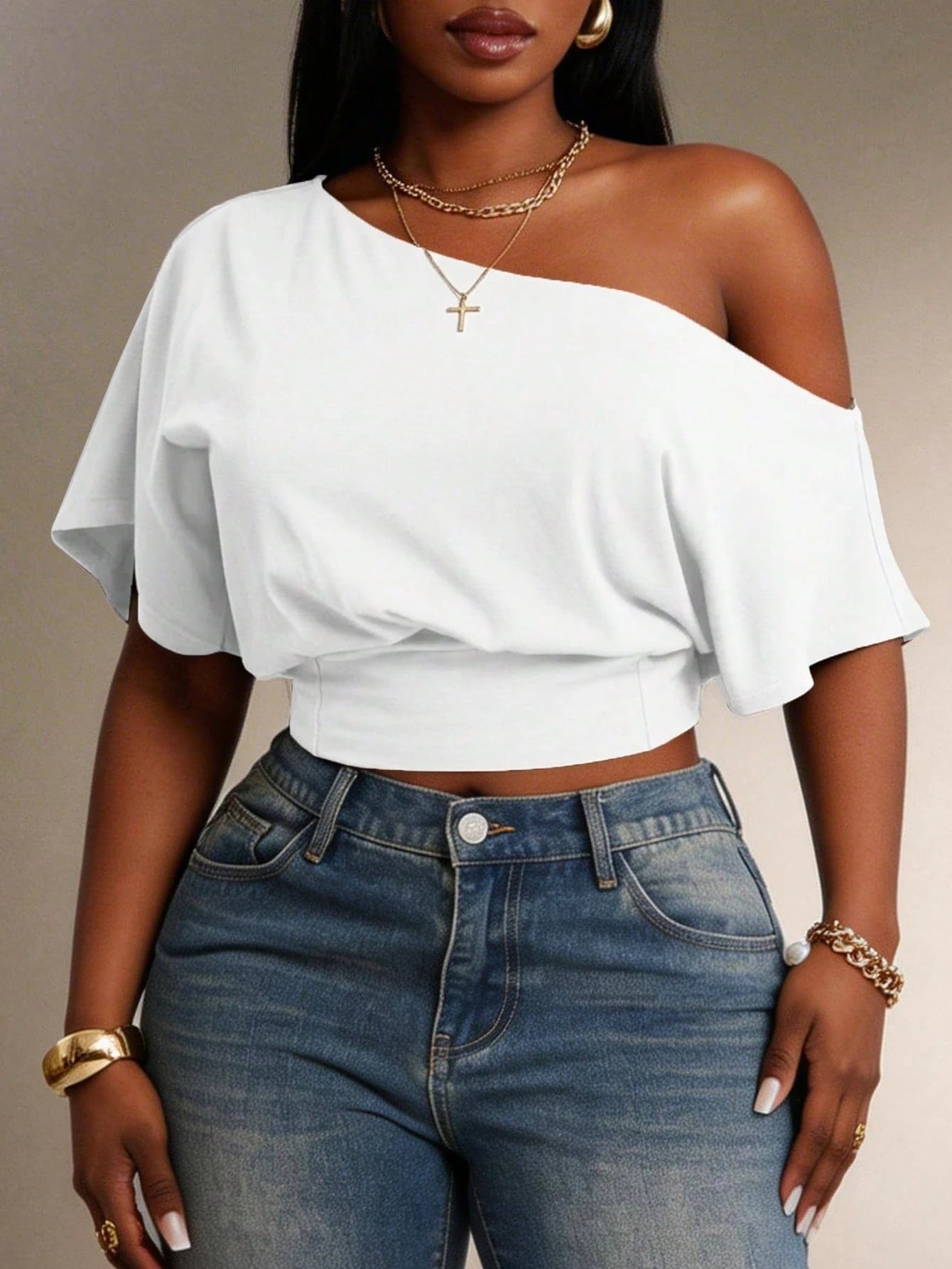 Radiana Comfortable White One Shoulder Short Sleeve Crop Top For Women Formal Summer Casual