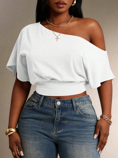 Radiana Comfortable White One Shoulder Short Sleeve Crop Top For Women Formal Summer Casual