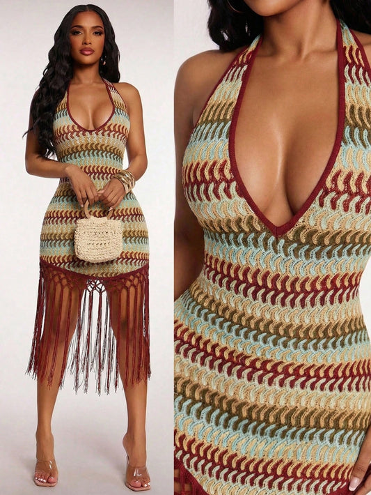 Radiana Women's Sage Green Crochet Tassel Hem Dress, Summer Boho Sexy Holiday Vacation Beach Night Out Bikini Cover-Up, Fringe Woven Evening Party Outfits