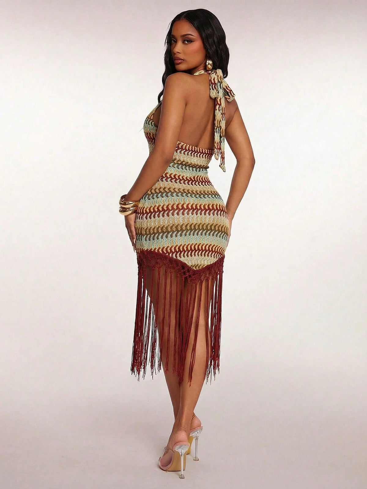Radiana Women's Sage Green Crochet Tassel Hem Dress, Summer Boho Sexy Holiday Vacation Beach Night Out Bikini Cover-Up, Fringe Woven Evening Party Outfits