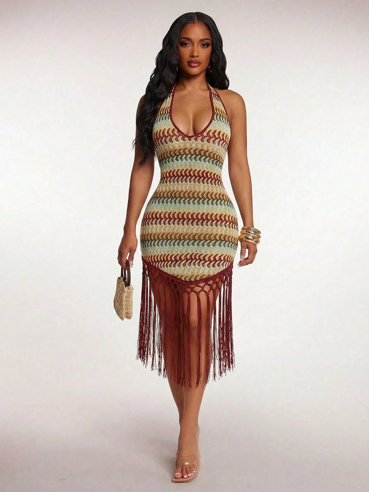 Radiana Women's Sage Green Crochet Tassel Hem Dress, Summer Boho Sexy Holiday Vacation Beach Night Out Bikini Cover-Up, Fringe Woven Evening Party Outfits