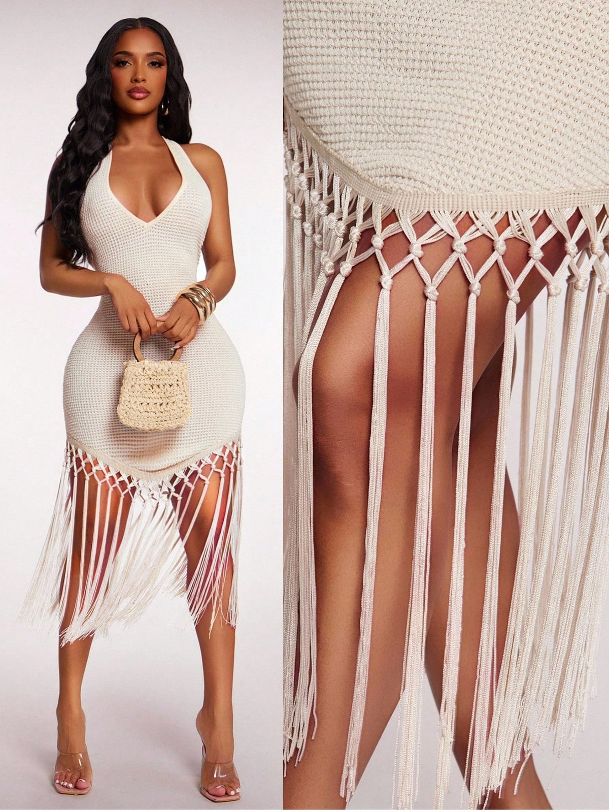 Radiana Women's Sage Green Crochet Tassel Hem Dress, Summer Boho Sexy Holiday Vacation Beach Night Out Bikini Cover-Up, Fringe Woven Evening Party Outfits
