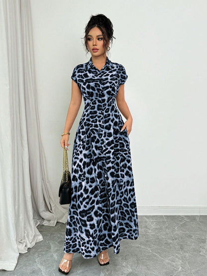 Rafferiza Women's Elegant Leopard Print Collared Short Sleeve Button Down Waist Dress