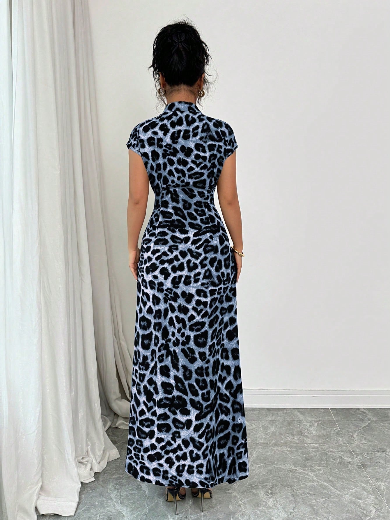 Rafferiza Women's Elegant Leopard Print Collared Short Sleeve Button Down Waist Dress
