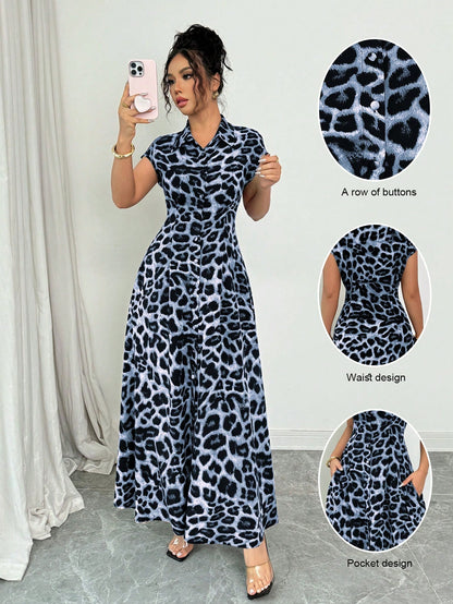 Rafferiza Women's Elegant Leopard Print Collared Short Sleeve Button Down Waist Dress