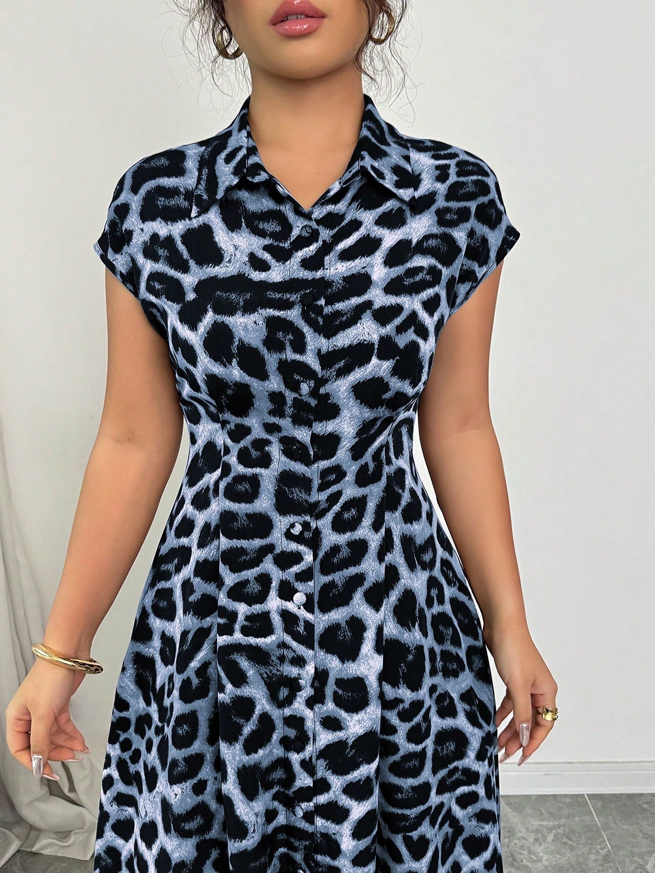 Rafferiza Women's Elegant Leopard Print Collared Short Sleeve Button Down Waist Dress