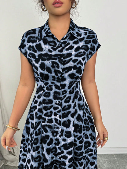 Rafferiza Women's Elegant Leopard Print Collared Short Sleeve Button Down Waist Dress