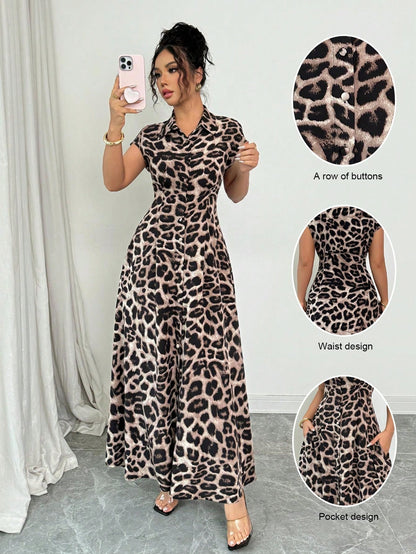 Rafferiza Women's Elegant Leopard Print Collared Short Sleeve Button Down Waist Dress