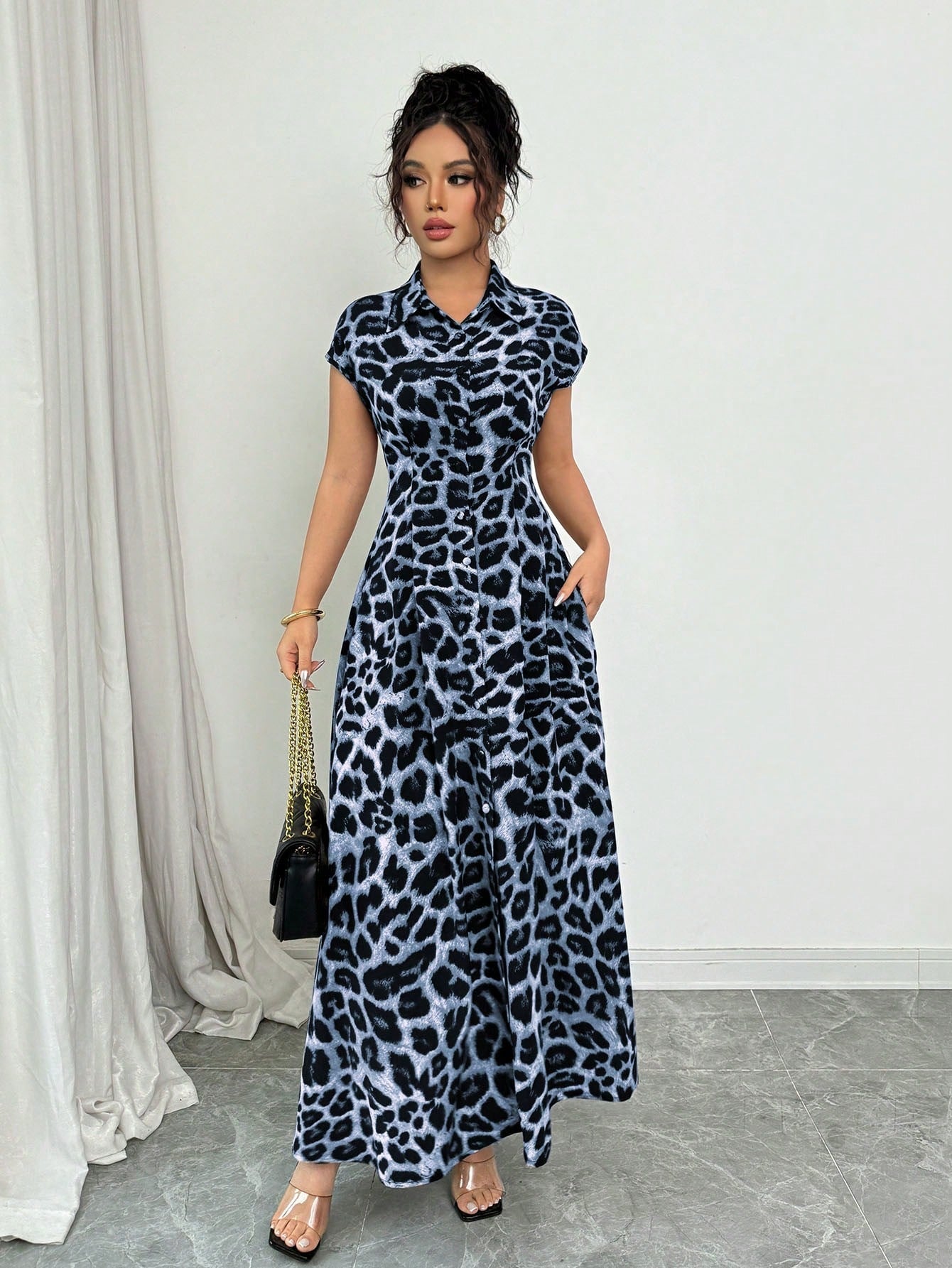 Rafferiza Women's Elegant Leopard Print Collared Short Sleeve Button Down Waist Dress