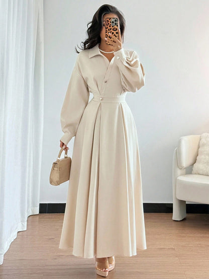 Rafferiza Women's Elegant White Long Sleeve Turndown Collar Dress,Autumn Tea Party Dropped Shoulder Waist Flared Fall Cloth For Outings,Vacations & Holidays