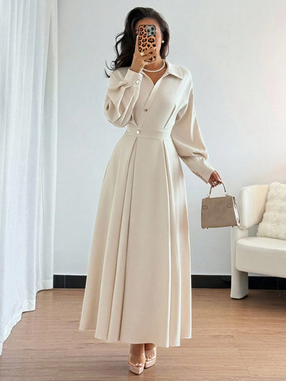Rafferiza Women's Elegant White Long Sleeve Turndown Collar Dress,Autumn Tea Party Dropped Shoulder Waist Flared Fall Cloth For Outings,Vacations & Holidays