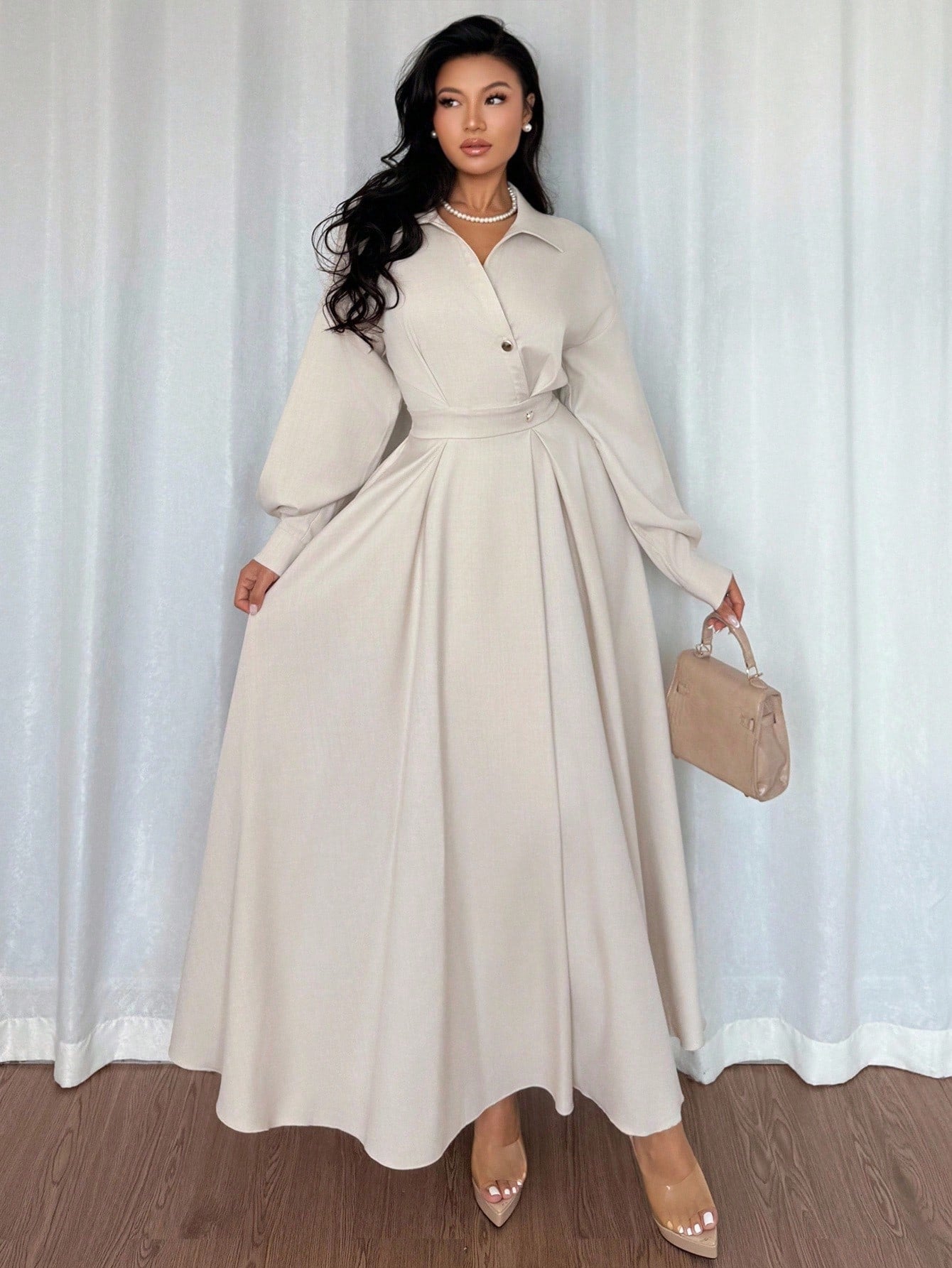 Rafferiza Women's Elegant White Long Sleeve Turndown Collar Dress,Autumn Tea Party Dropped Shoulder Waist Flared Fall Cloth For Outings,Vacations & Holidays