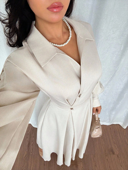 Rafferiza Women's Elegant White Long Sleeve Turndown Collar Dress,Autumn Tea Party Dropped Shoulder Waist Flared Fall Cloth For Outings,Vacations & Holidays