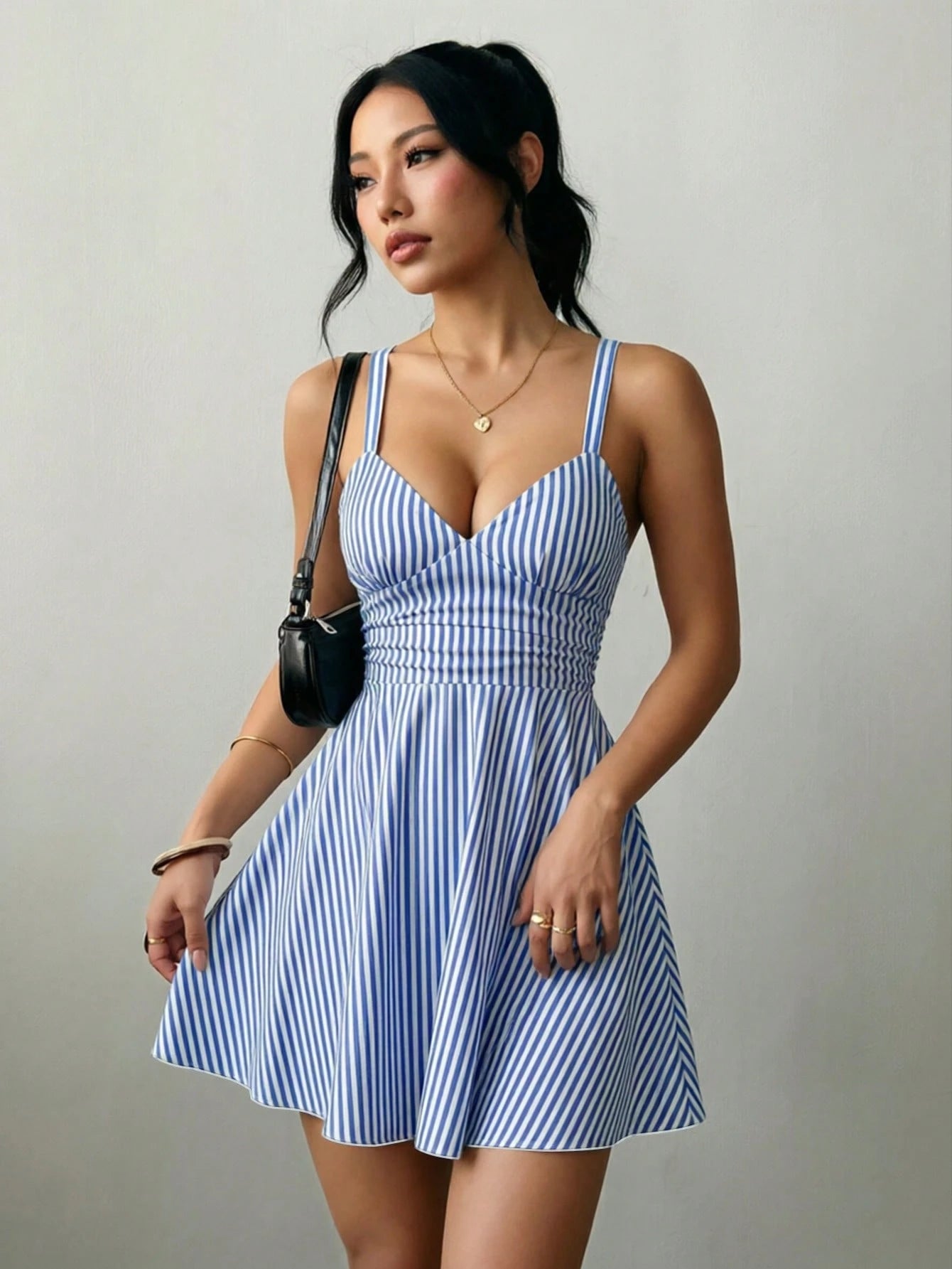 Raffinéa Women's V-Neck Ruched Waist A-Line Elegant Spaghetti Strap Short Knit Dress,Blue And White Stripe,Summer,Conservative,Beach,Holiday,Ladies Dress