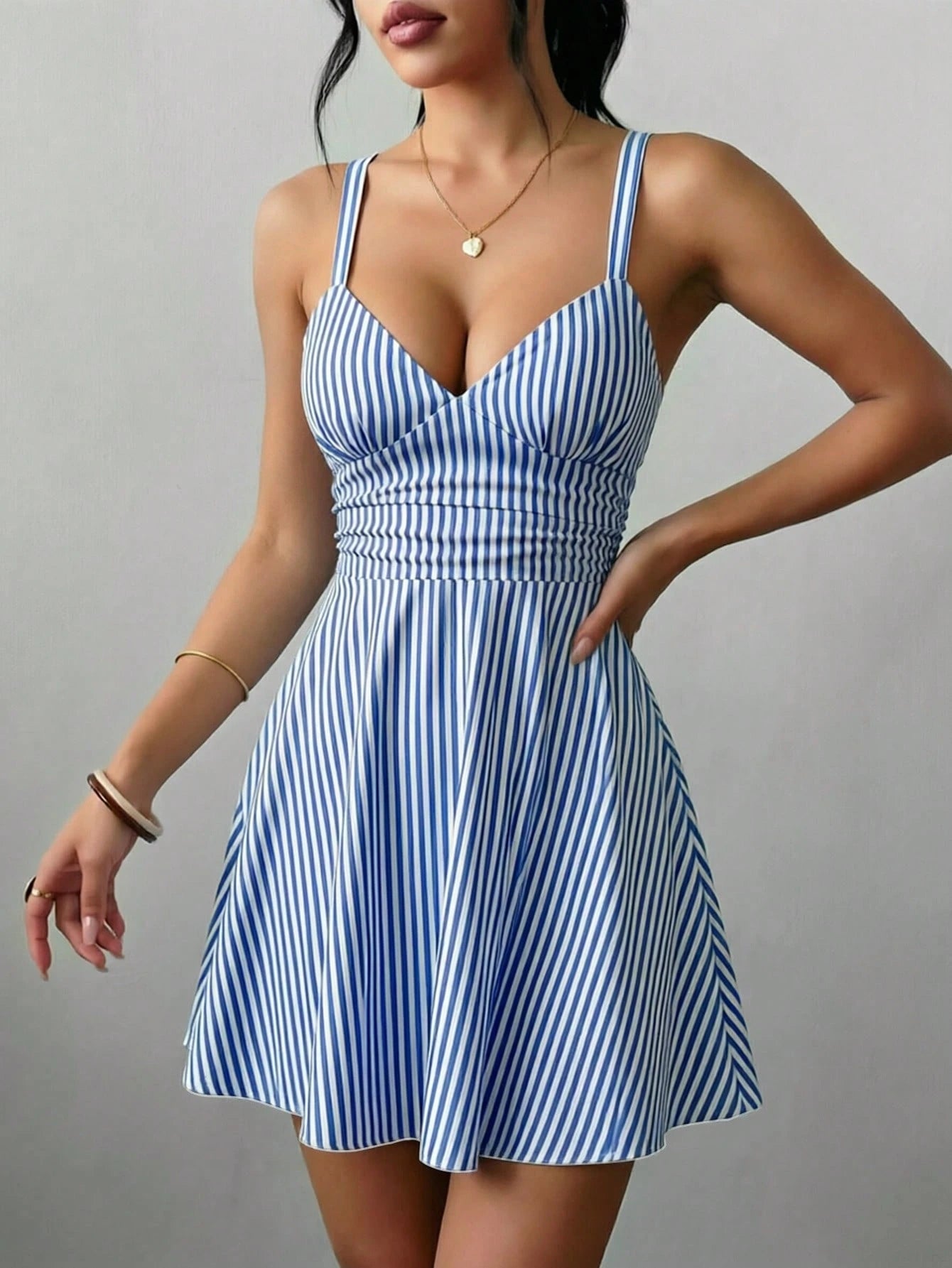 Raffinéa Women's V-Neck Ruched Waist A-Line Elegant Spaghetti Strap Short Knit Dress,Blue And White Stripe,Summer,Conservative,Beach,Holiday,Ladies Dress
