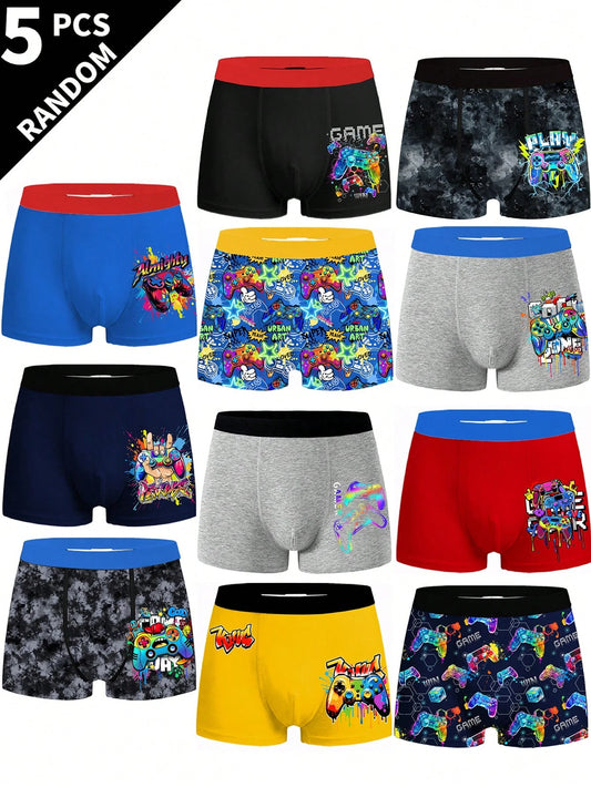Random 10 PCS Sent 5 PCS Tween Boys Boxer Briefs Black Comfy All Season Pixel Dinosaur Monster Print Underwear Set Skin-Friendly Knit Fabric Stretchy