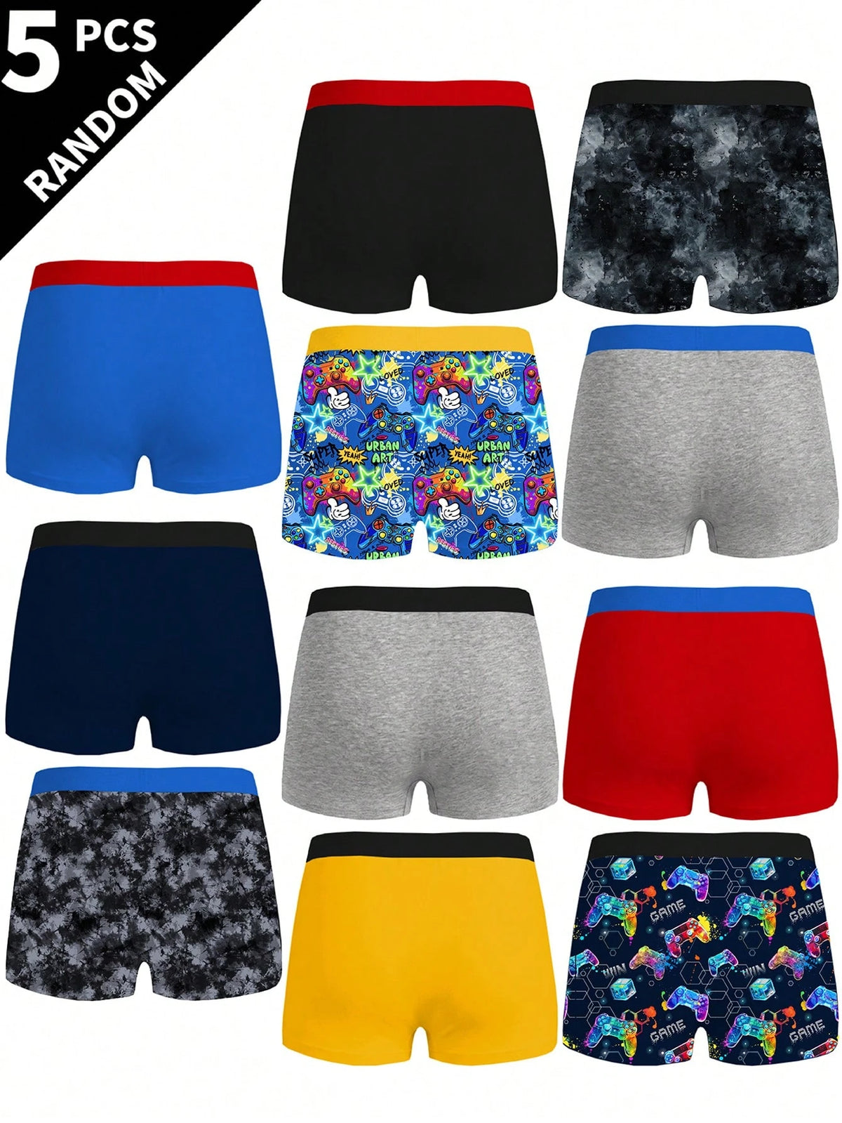 Random 10 PCS Sent 5 PCS Tween Boys Boxer Briefs Black Comfy All Season Pixel Dinosaur Monster Print Underwear Set Skin-Friendly Knit Fabric Stretchy