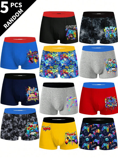 Random 10 PCS Sent 5 PCS Tween Boys Boxer Briefs Black Comfy All Season Pixel Dinosaur Monster Print Underwear Set Skin-Friendly Knit Fabric Stretchy