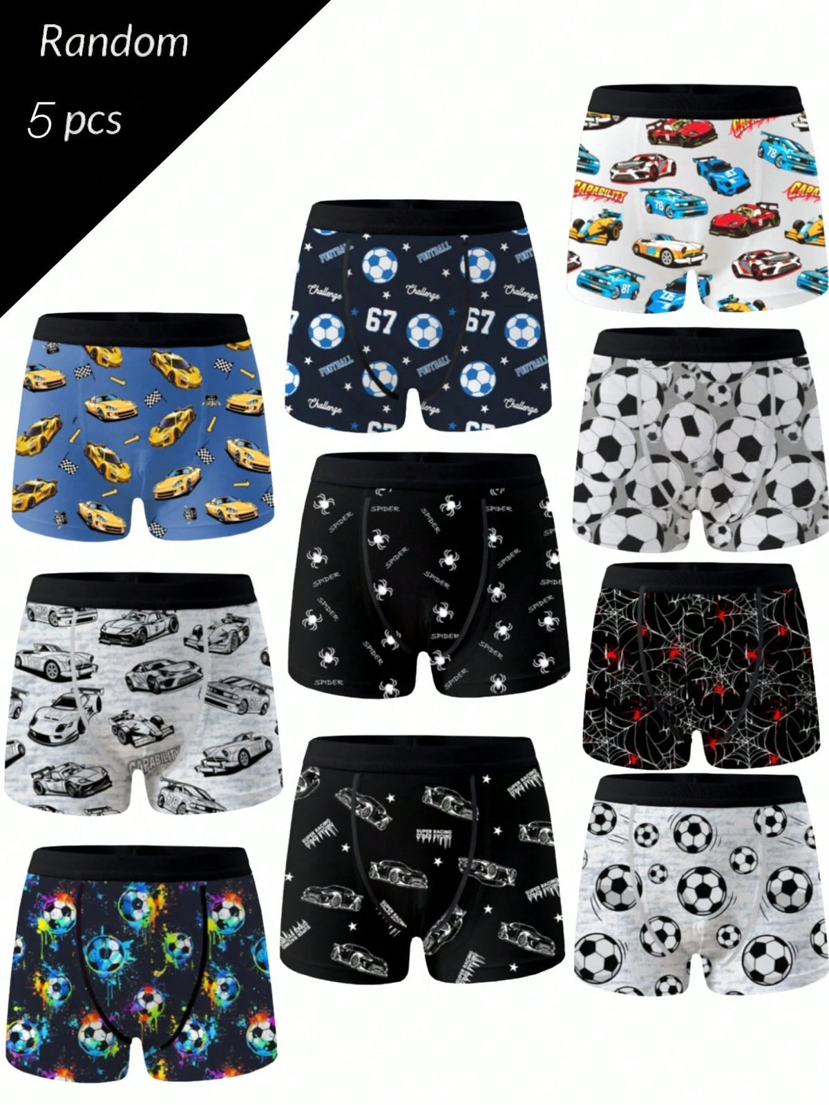 Random 10 PCS Sent 5 PCS Tween Boys Boxer Briefs Black Comfy All Season Pixel Dinosaur Monster Print Underwear Set Skin-Friendly Knit Fabric Stretchy