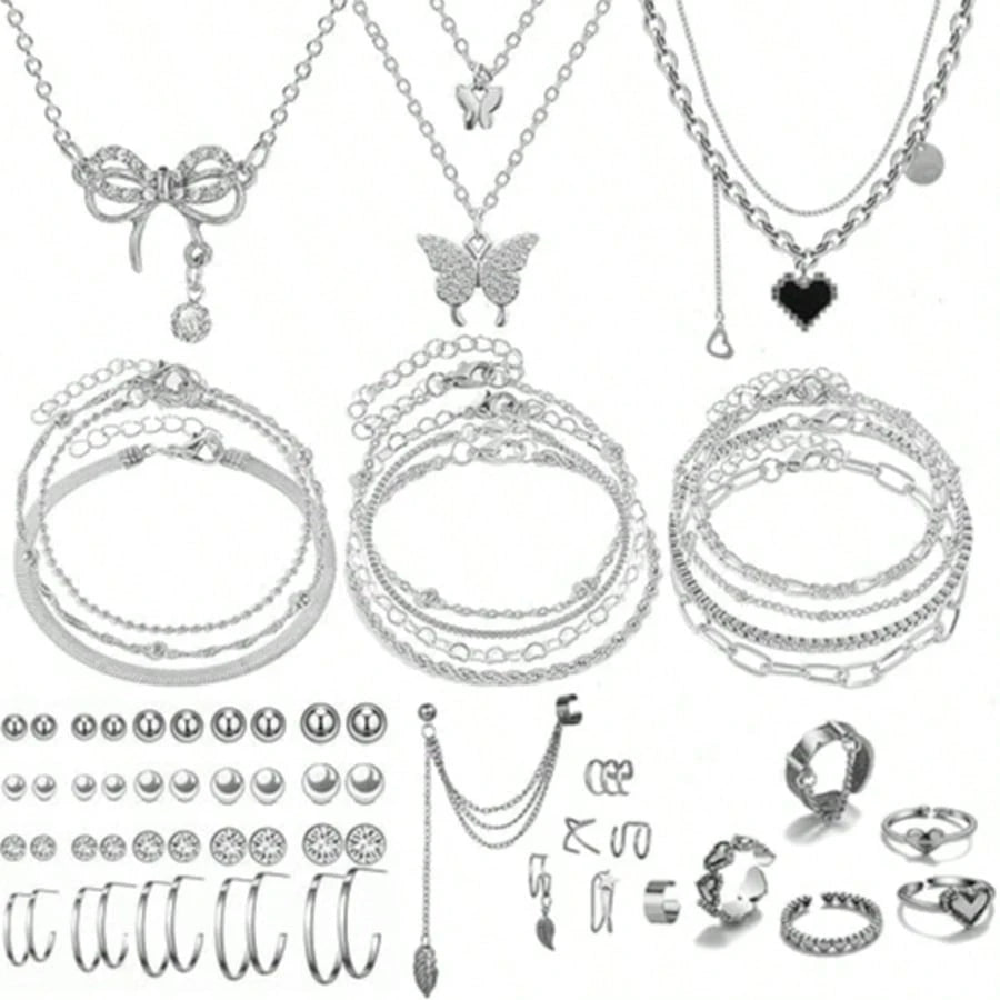 Random 87/57/32/3pcs Elegant Sophisticated Casual Minimalist Style Floral Heart Cross Star Moon Bow Rose Multi-Element Necklace Bracelet Ring Earrings Jewelry Set For Women, Vacation Party Date Banque