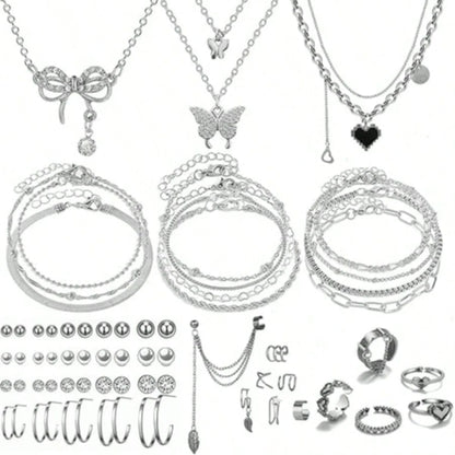 Random 87/57/32/3pcs Elegant Sophisticated Casual Minimalist Style Floral Heart Cross Star Moon Bow Rose Multi-Element Necklace Bracelet Ring Earrings Jewelry Set For Women, Vacation Party Date Banque