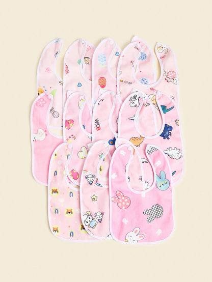 Random 8pcs Pink Tone Floral Pattern Baby Crystal Velvet Waterproof U-Shaped Snap Button Bib For Feeding