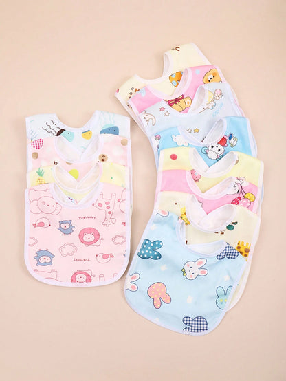 Random 8pcs Pink Tone Floral Pattern Baby Crystal Velvet Waterproof U-Shaped Snap Button Bib For Feeding