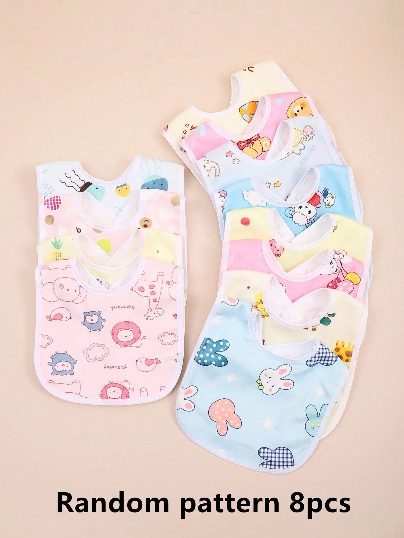 Random 8pcs Pink Tone Floral Pattern Baby Crystal Velvet Waterproof U-Shaped Snap Button Bib For Feeding