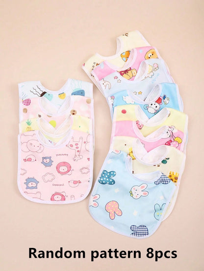 Random 8pcs Pink Tone Floral Pattern Baby Crystal Velvet Waterproof U-Shaped Snap Button Bib For Feeding